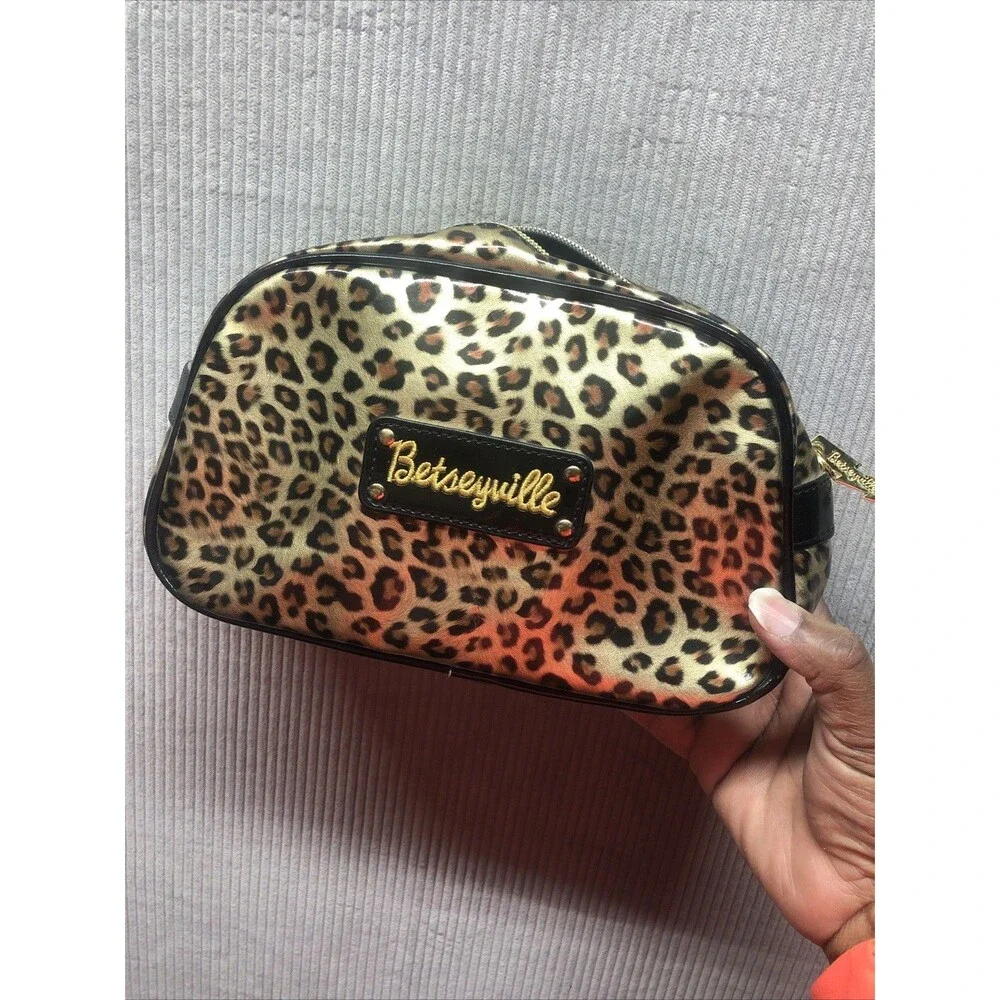 Betseyville Cosmetic Bag Gold Leopard Black Patent Organization Charm Zipper